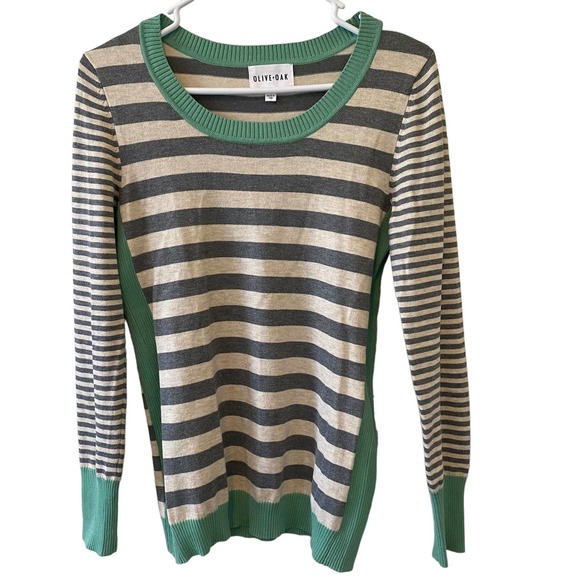 Olive + Oak Maryanne Striped Sweater Gray Oatmeal Mint Size Small - Picture 1 of 3